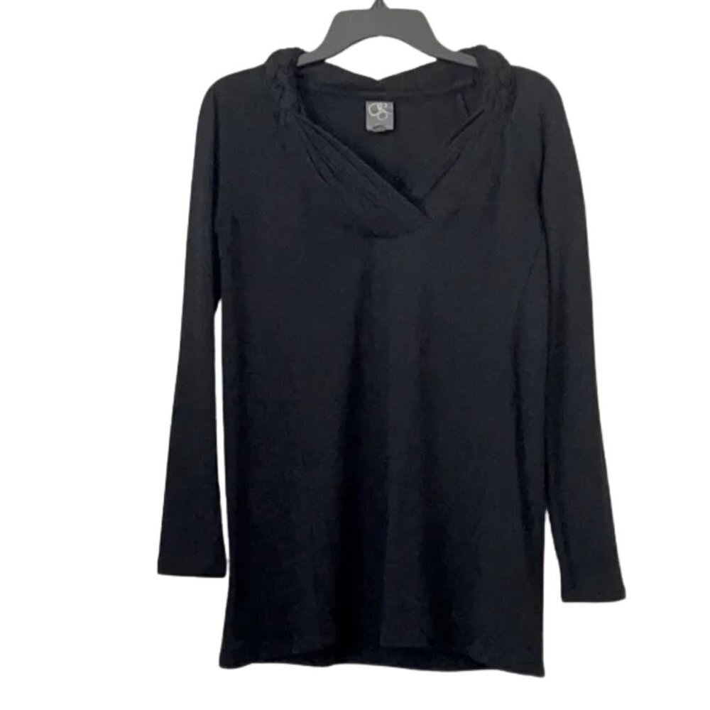 One September Anthropologie Black Sweater Top w/ Pleated and Braided Neckline